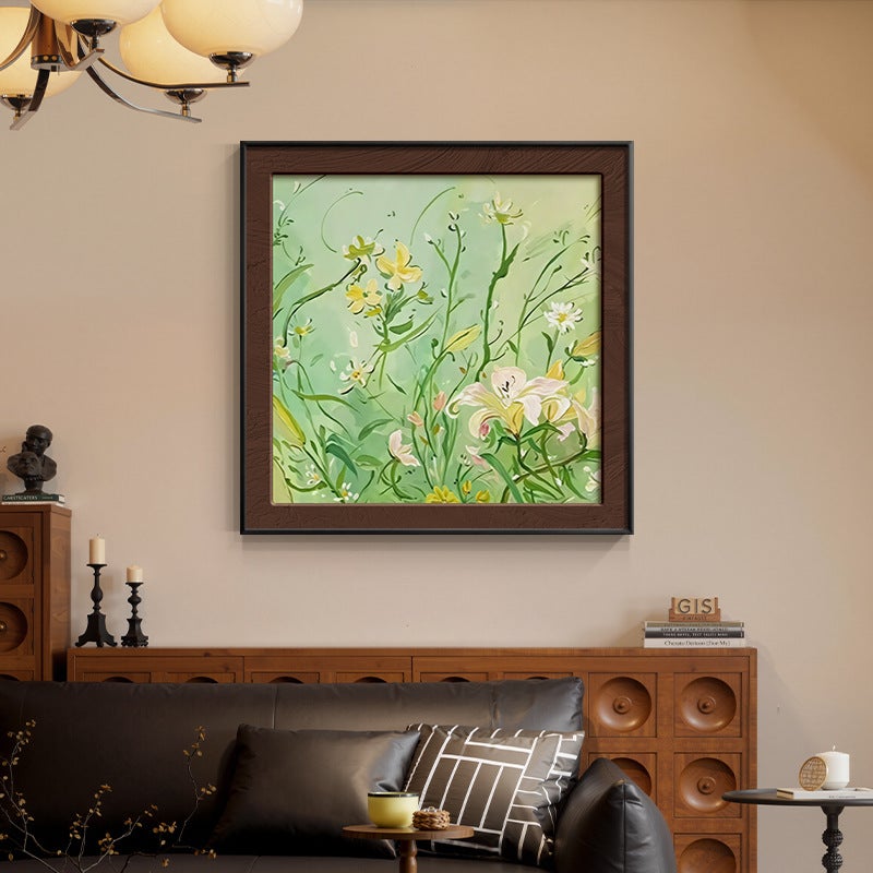 Kwiatowy obraz ścianę estetyczny plakat kwiatami odcieniach niebieskiego zieleni akwarela botaniczna nadmorski styl babci nowoczesny obraz botaniczny