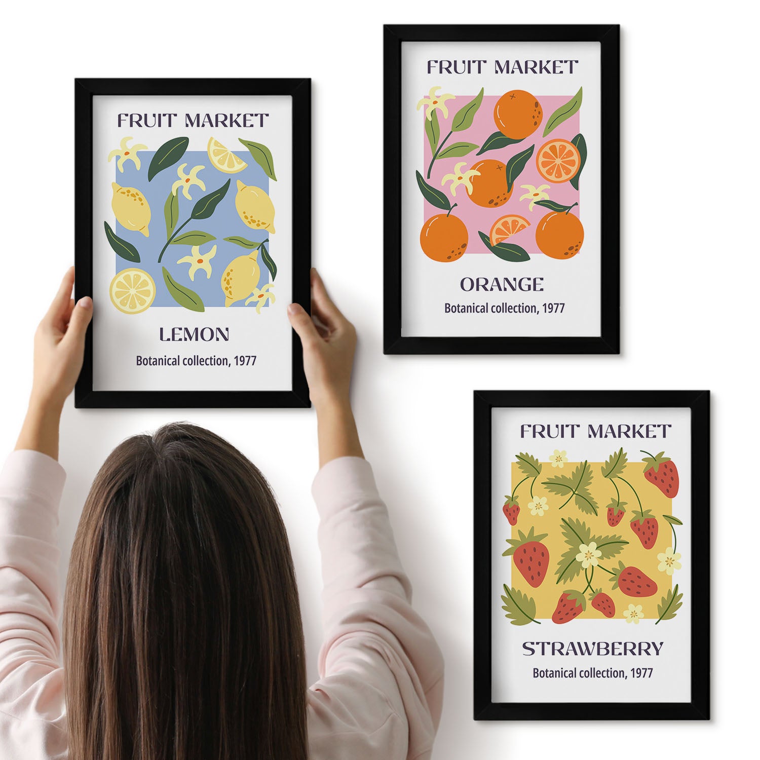 Galeria ścienna 3-częściowy komplet obrazów w czarnych ramach - Owocowe postery z cytrynami pomarańczami i truskawkami - ArtPrintCave