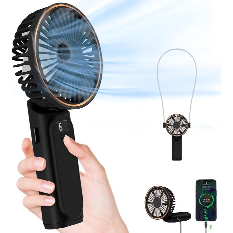 Przenośny Wiatrak Ręczny, Mini Wiatrak Składany 180°, 6 Prędkości, Wyświetlacz LCD, Ultra Cichy, 3600mAh, Kieszonkowy Rozmiar, Do Użytku Wewnętrznego