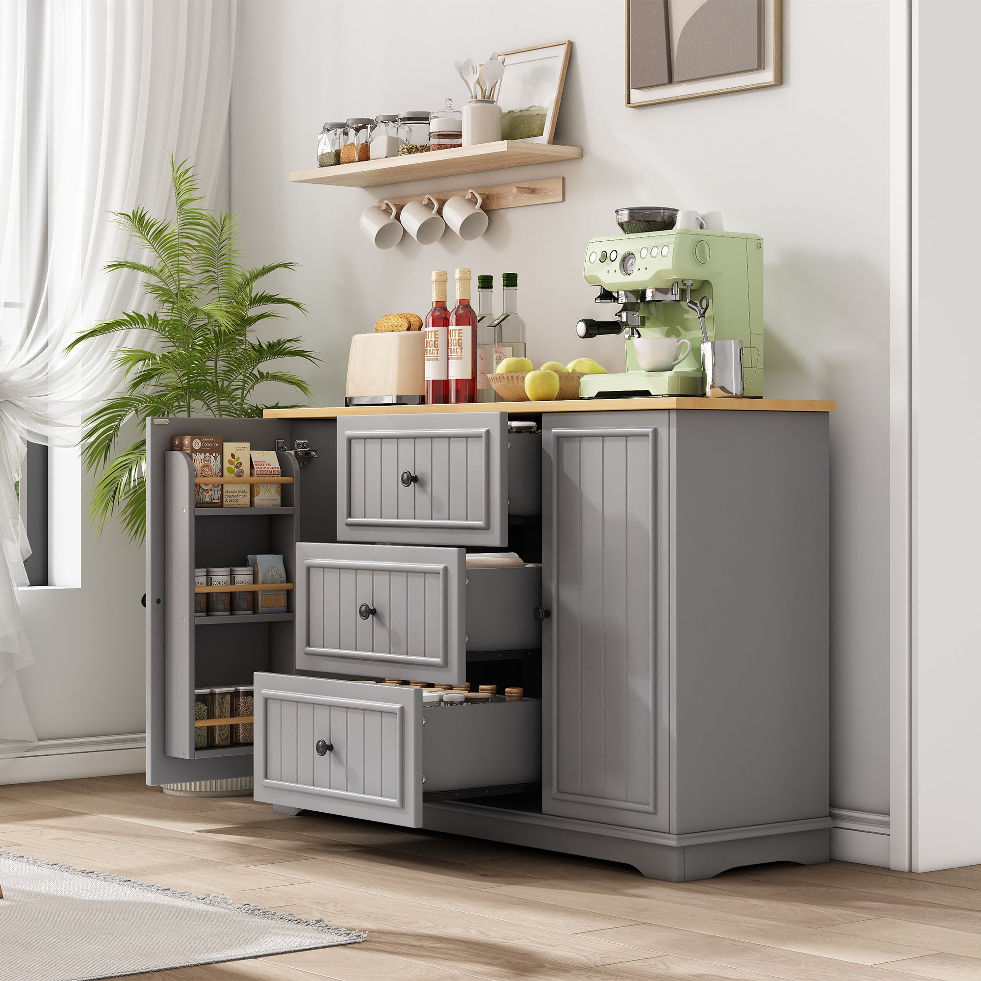 Nowoczesna komoda z 2 drzwiami i 3 szufladami - 126 x 40 x 86 cm - MDF - do jadalni, salonu - Szara