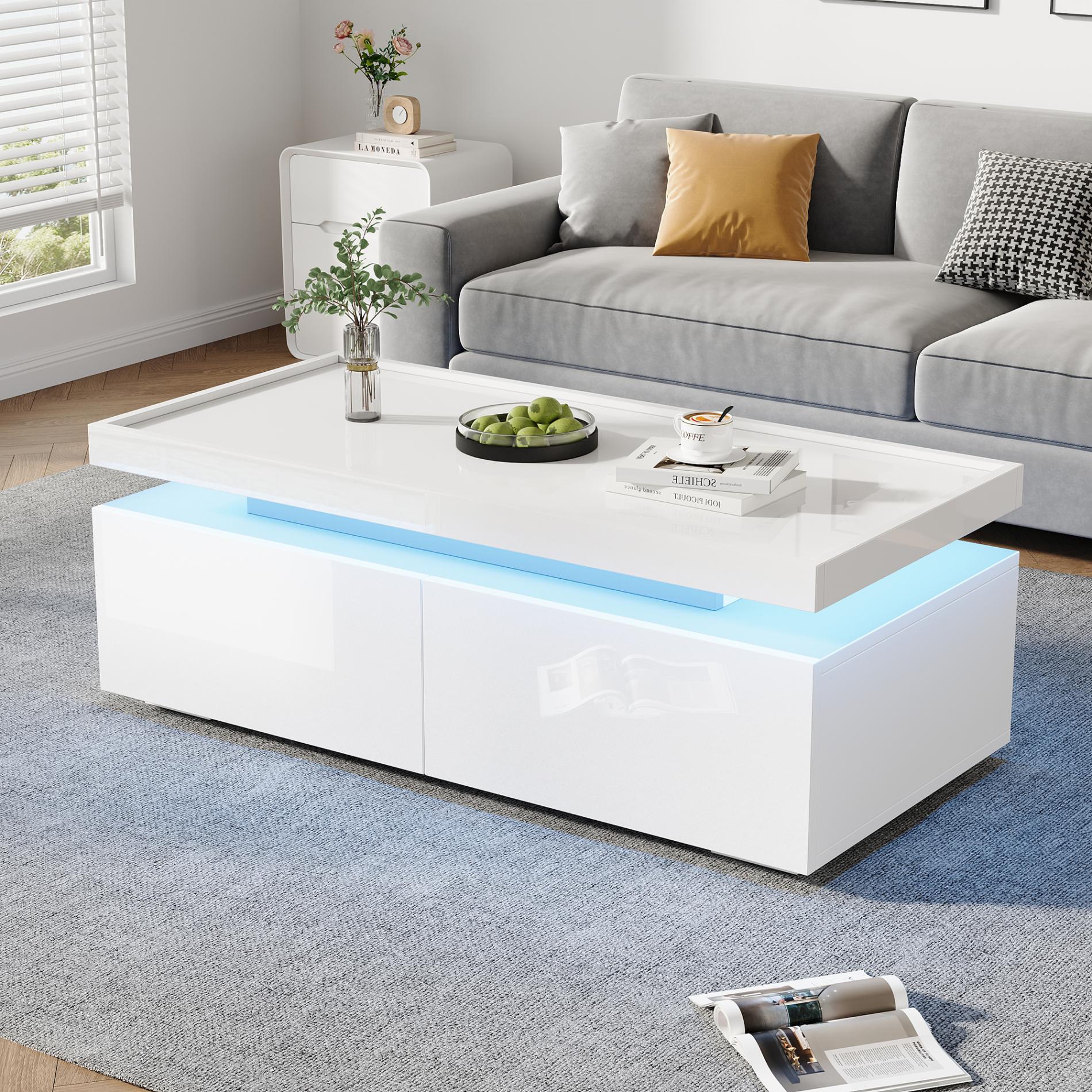 Stolik kawowy LED 95x45x35 cm z 2 szufladami, geometryczny design, lakierowane wykończenie na połysk, nowoczesny i minimalistyczny
