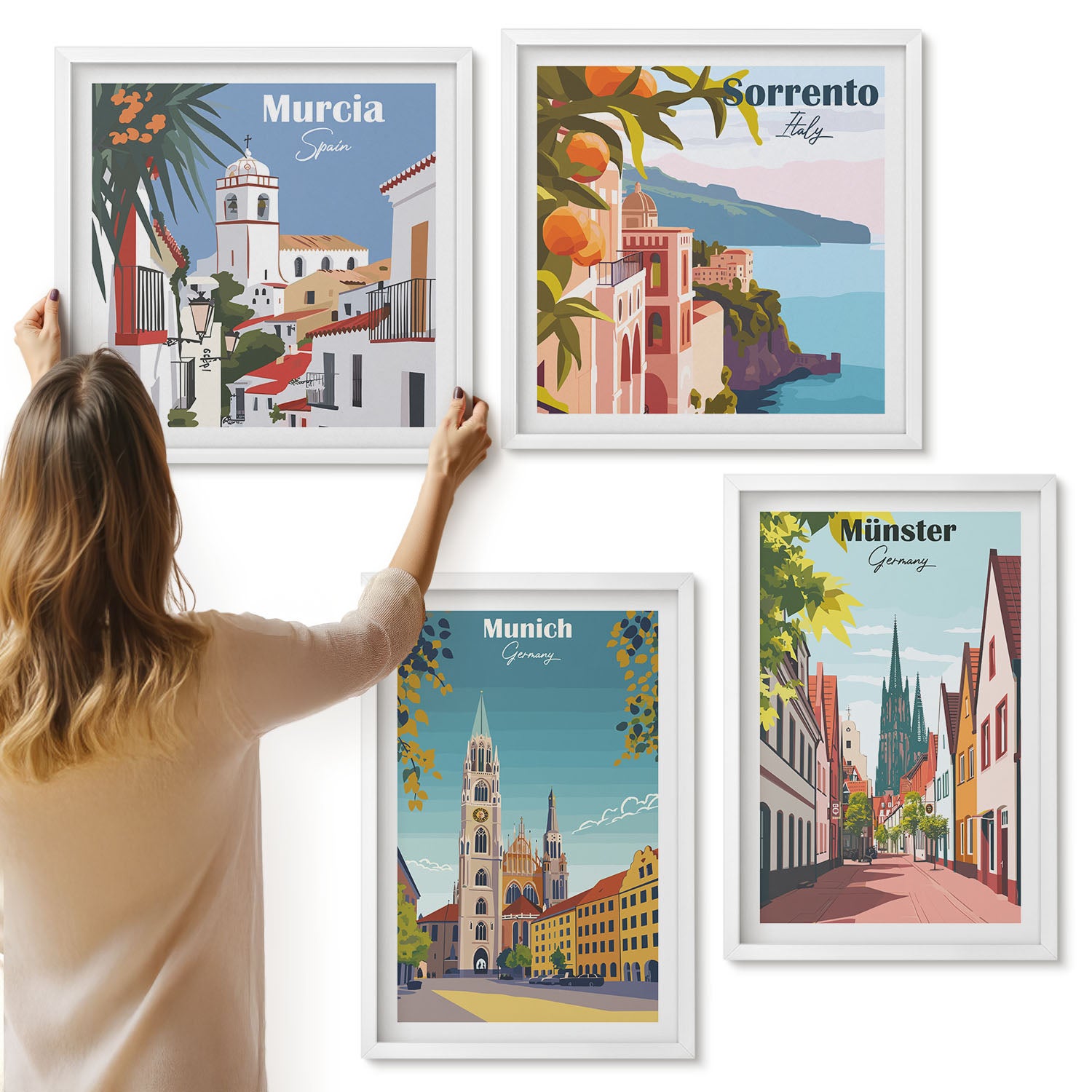 Galeria ścienna 4-częściowy komplet obrazów w białych ramach - Miasta Europy w kolorowych ilustracjach - ArtPrintCave