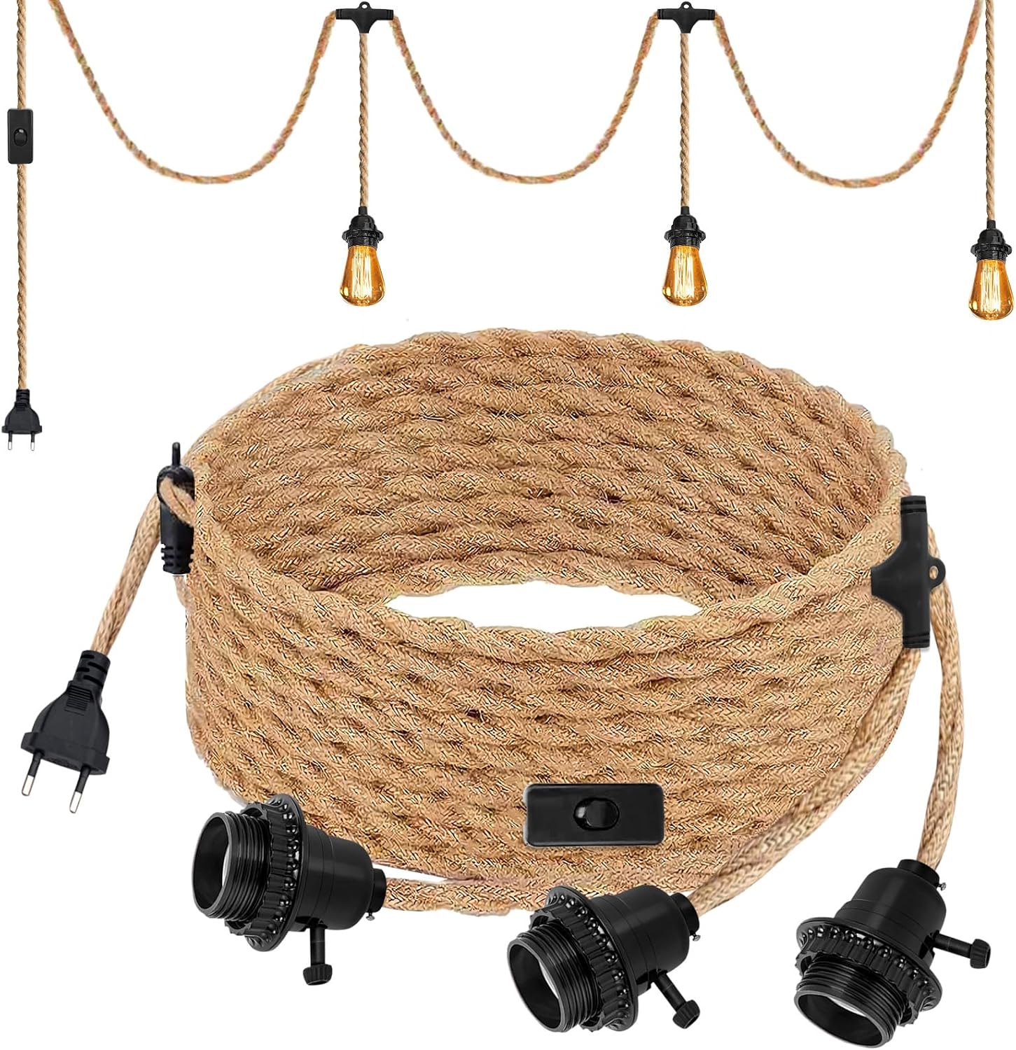 Oprawka E27 z kablem w oplocie z liny konopnej - Lampa wisząca Vintage DIY, 6.8m, z włącznikiem, bez żarówki