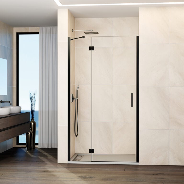 Kabina frontowa GLASS panel stały + drzwi uchylne 110 cm (104,5-110; stały 25+drzwi 80) tytan szkło przezroczyste