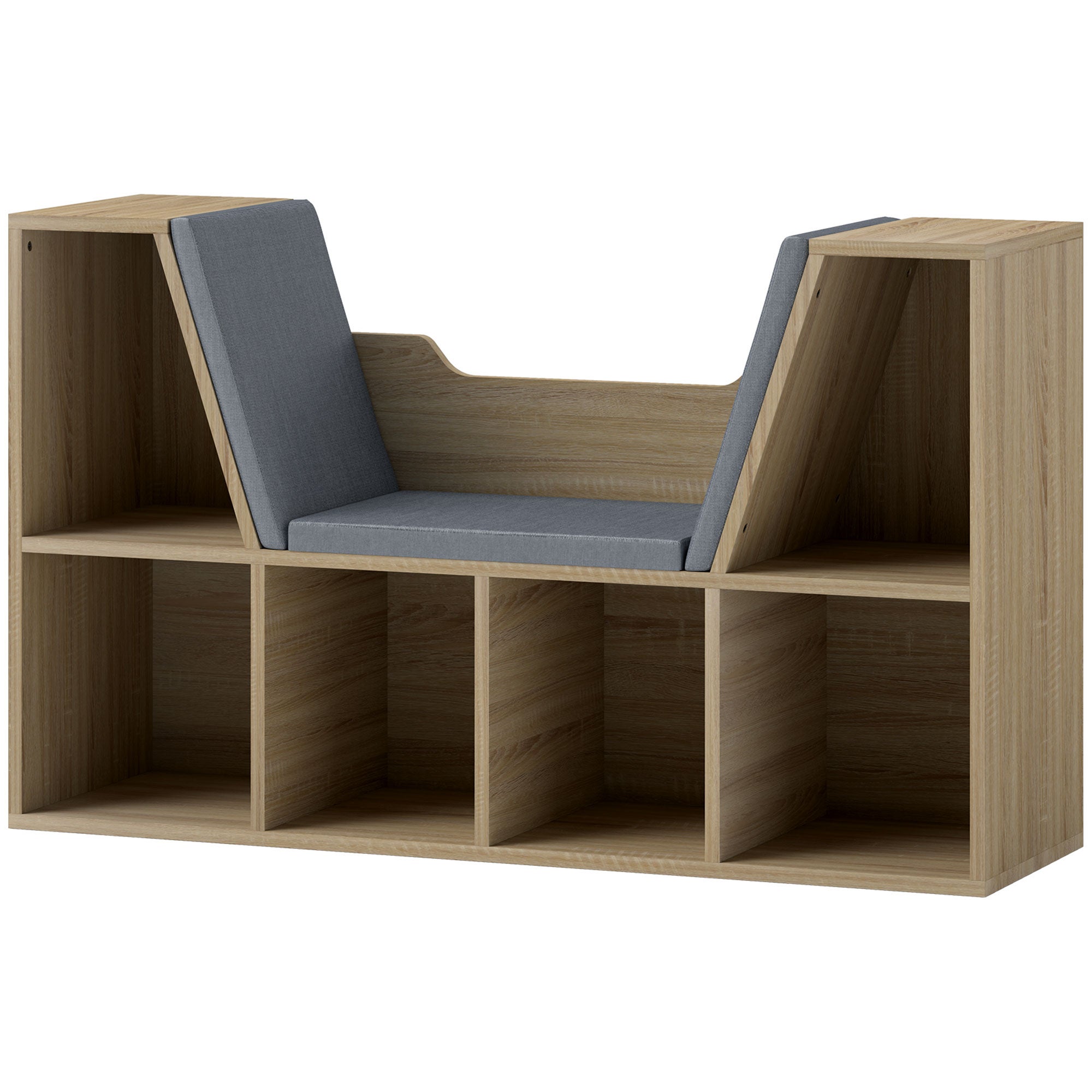 Półka/ławka 2 w 1, nowoczesny design, 6 półek, 3 poduszki w zestawie, 102 dł. x 30 szer. x 61 wys. cm, szary dąb