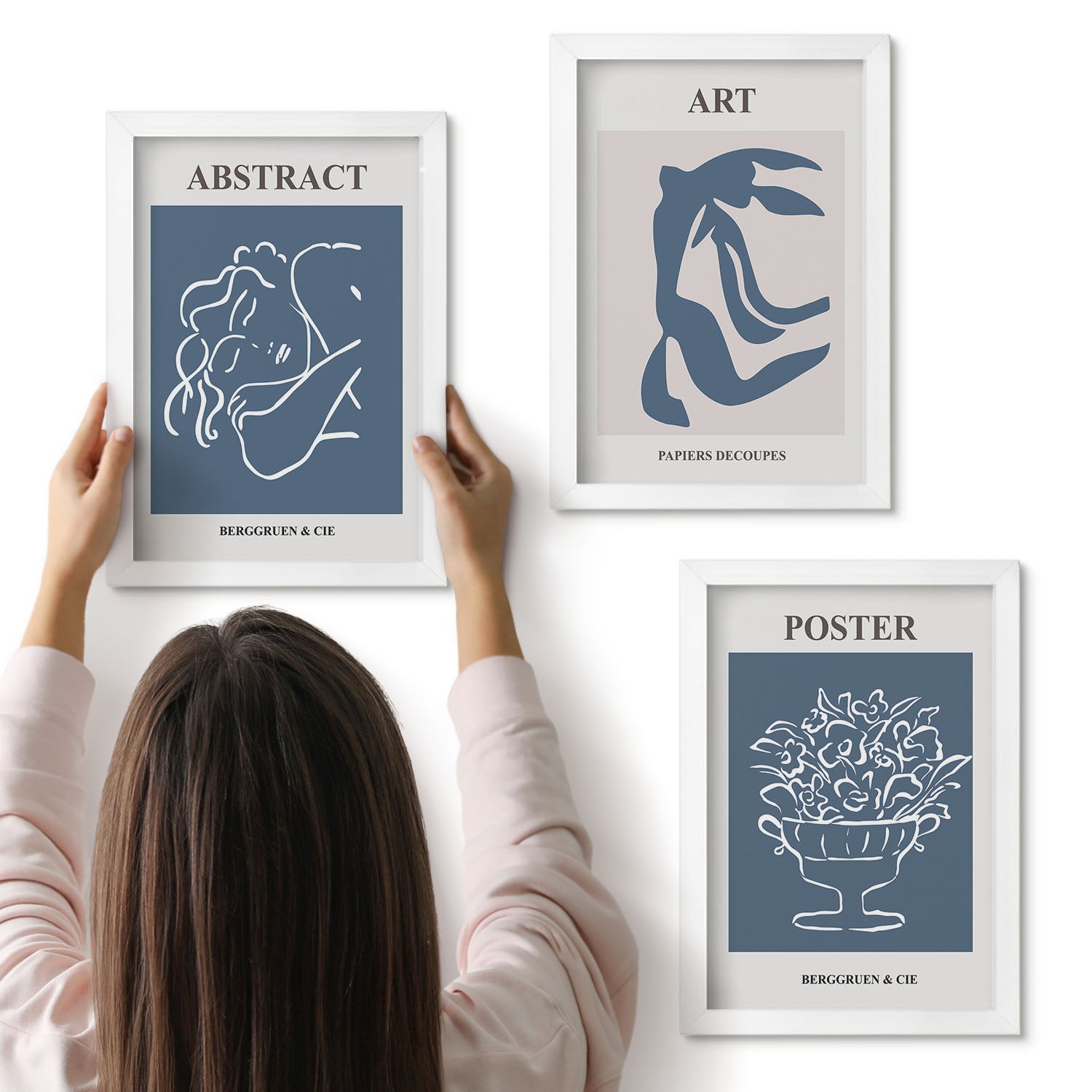 Galeria ścienna 3-częściowy komplet obrazów w białych ramach - Stylowe abstrakcyjne wzory z postaciami i kwiatami Matisse - ArtPrintCave