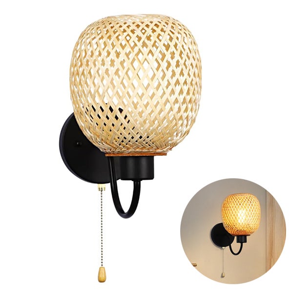 Kinkiet bambusowy, retro kinkiet bambusowy, lampa bambusowa, lampka nocna do sypialni, lampka nocna z łańcuszkiem, E27, żarówka nie dołączona
