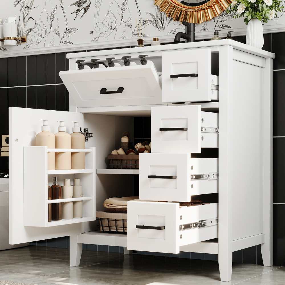 Szafka łazienkowa 76x46x90 cm MDF lakierowany, ceramiczna umywalka, 4 ciche szuflady, nowoczesne przechowywanie.