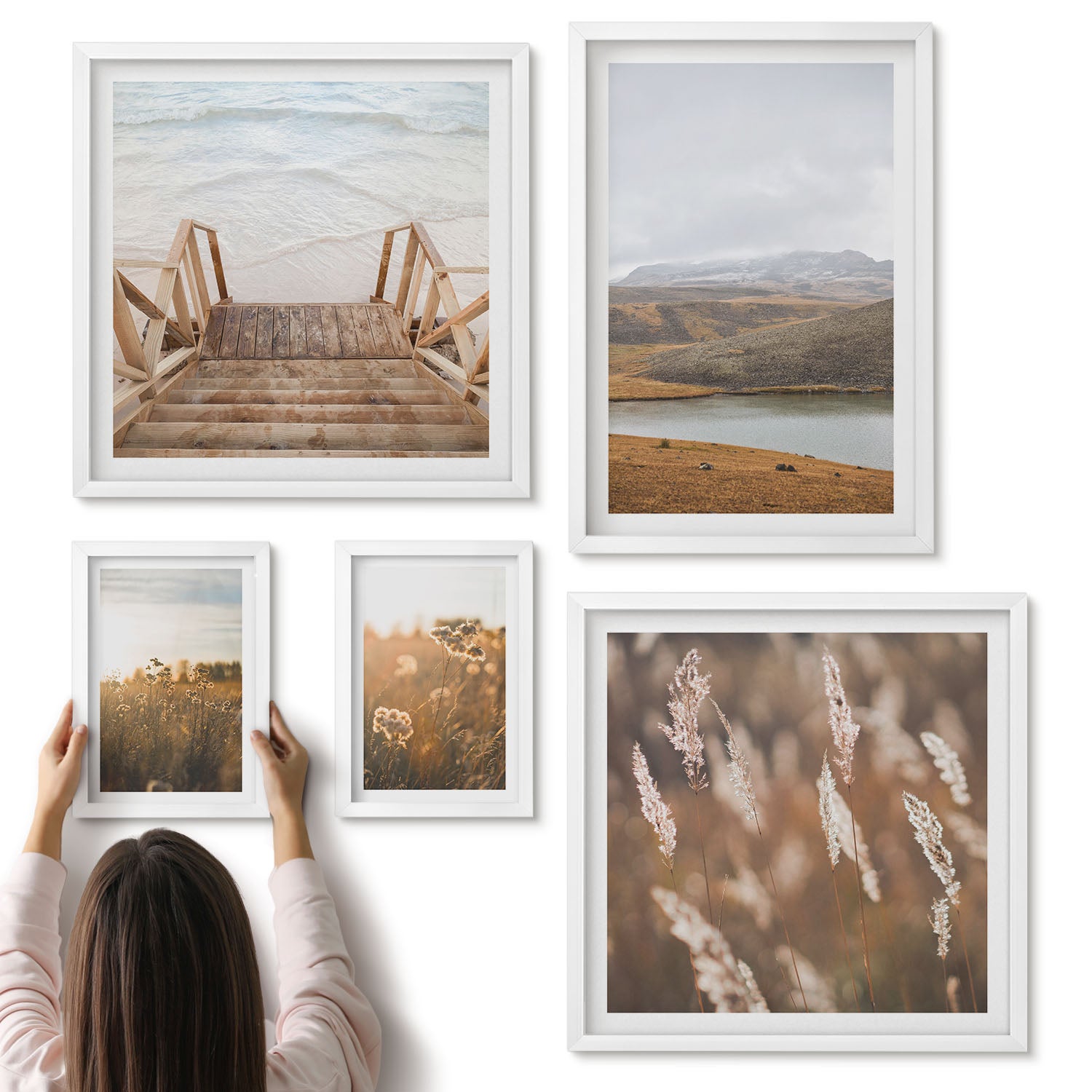 Galeria ścienna 5-częściowy komplet obrazów w białych ramach - Naturalne krajobrazy z widokami na pola i jeziora - ArtPrintCave