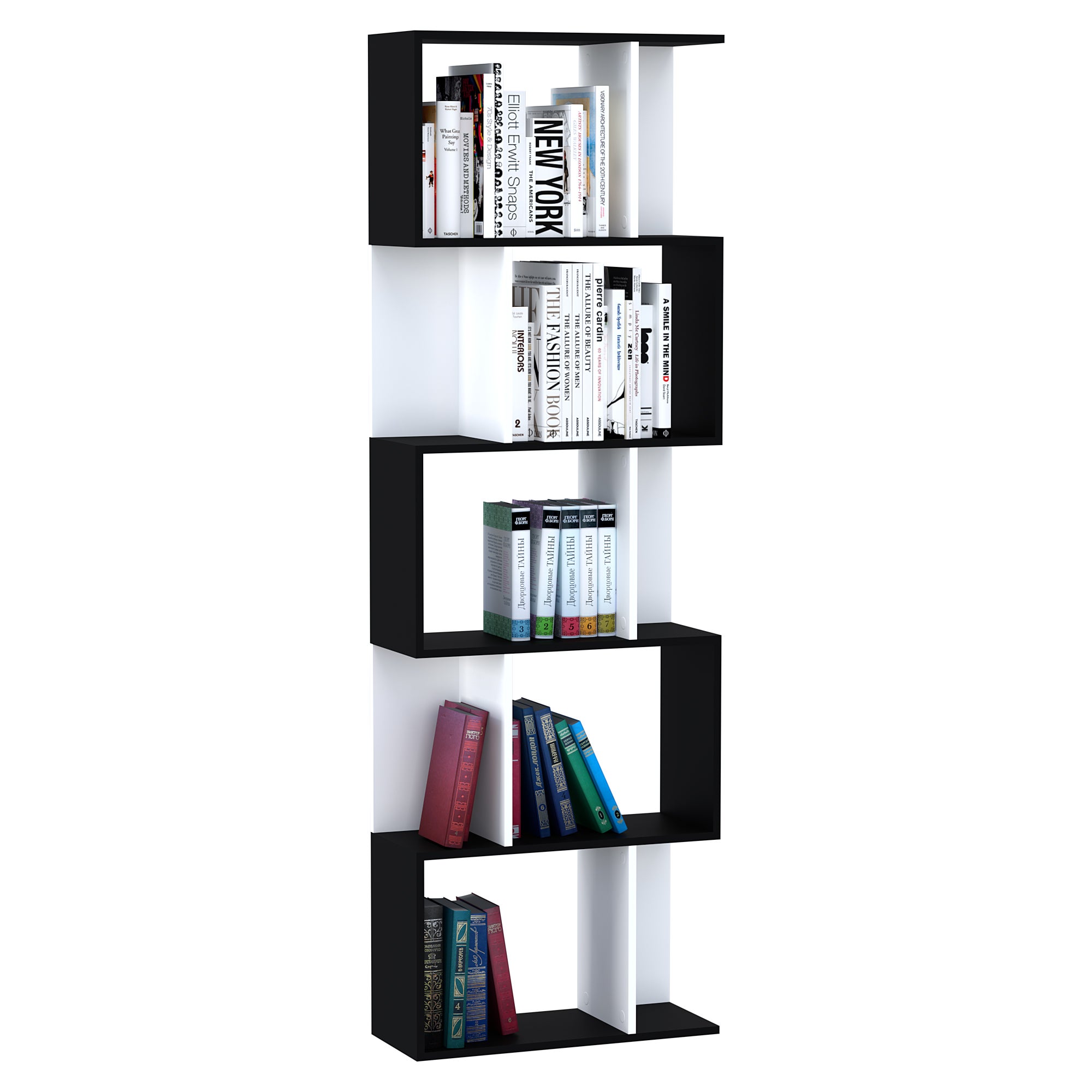 Wysoka, w kształcie litery S, regał na książki z 5 półkami, nowoczesny design do salonu lub biura, 60 x 24 x 184,5 cm, czarno-biały