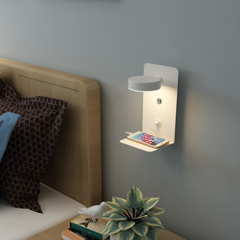 Lampka nocna LED 12 W, wewnętrzny kinkiet z portem USB, trójkolorowa regulacja jasności, obrót o 330°, biała