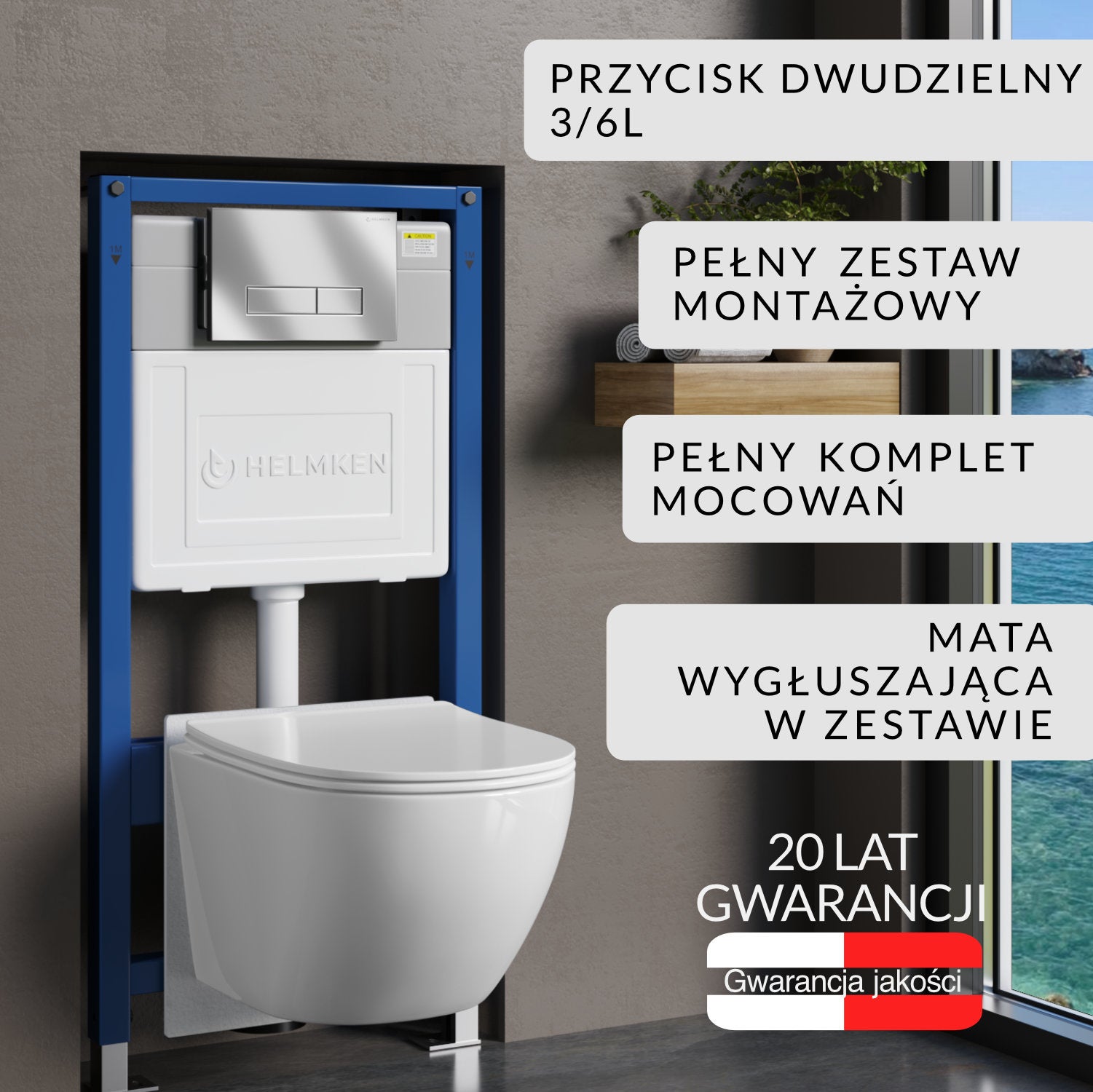Zestaw podtynkowy WC Helmken 5w1: Stelaż, Satyna Przycisk(HD), Miska bezkołnierzowa Rimless 35103001B (Biała), Deska wolnoopadająca, Mata