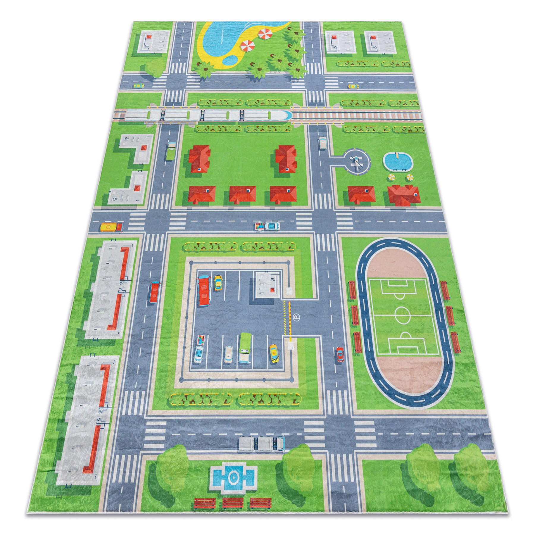 Dywan do prania BAMBINO 2624 Miasto, ulice, uliczki dla dzieci, antypoślizgowy - zielony / szary 200x290 cm