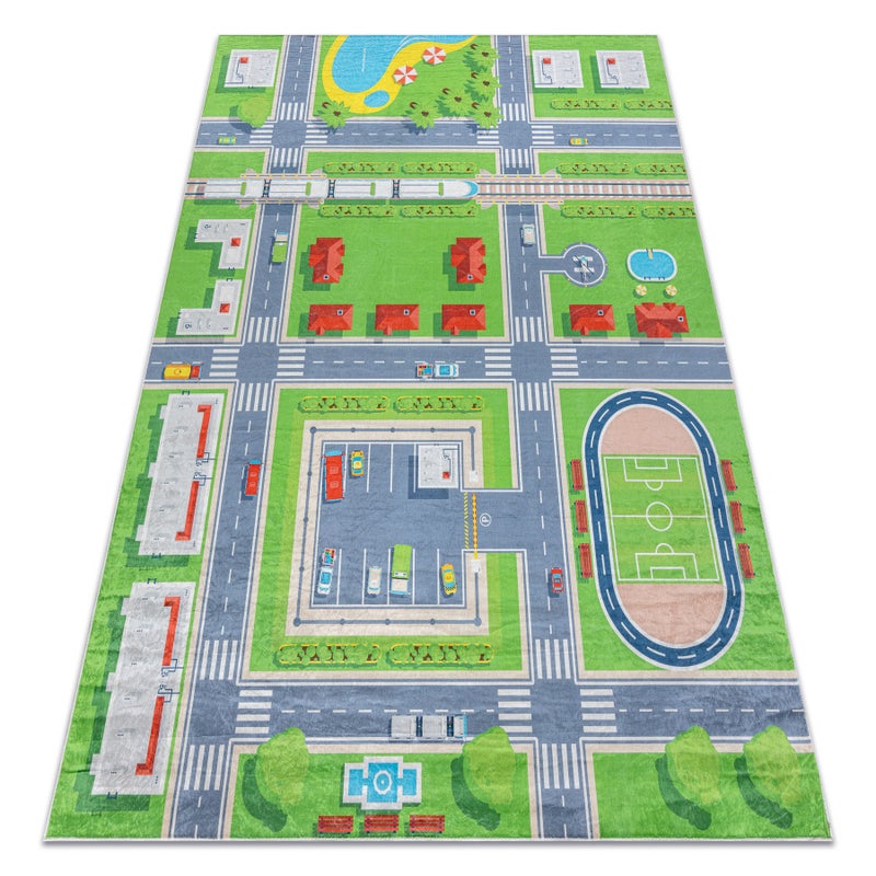 Dywan do prania BAMBINO 2624 Miasto, ulice, uliczki dla dzieci, antypoślizgowy - zielony / szary 200x290 cm