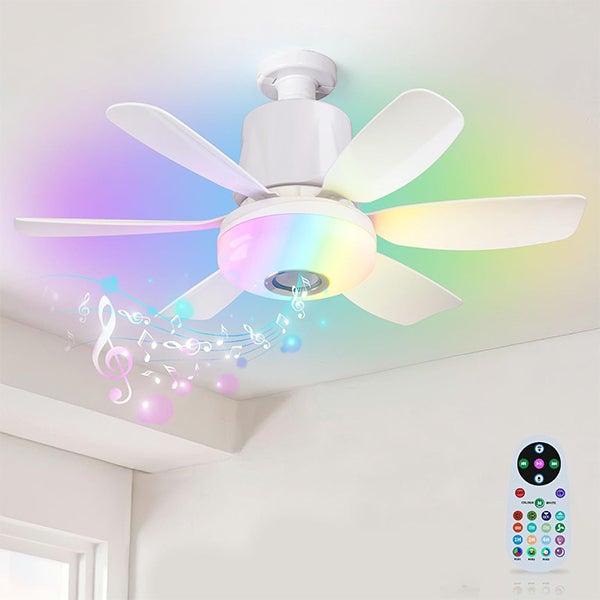 Mini Wielofunkcyjny Wentylator Sufitowy - Ściemnialne Światło LED RGB + Głośnik Bluetooth - 47 cm, Timer, 3 Prędkości, Pilot - E27