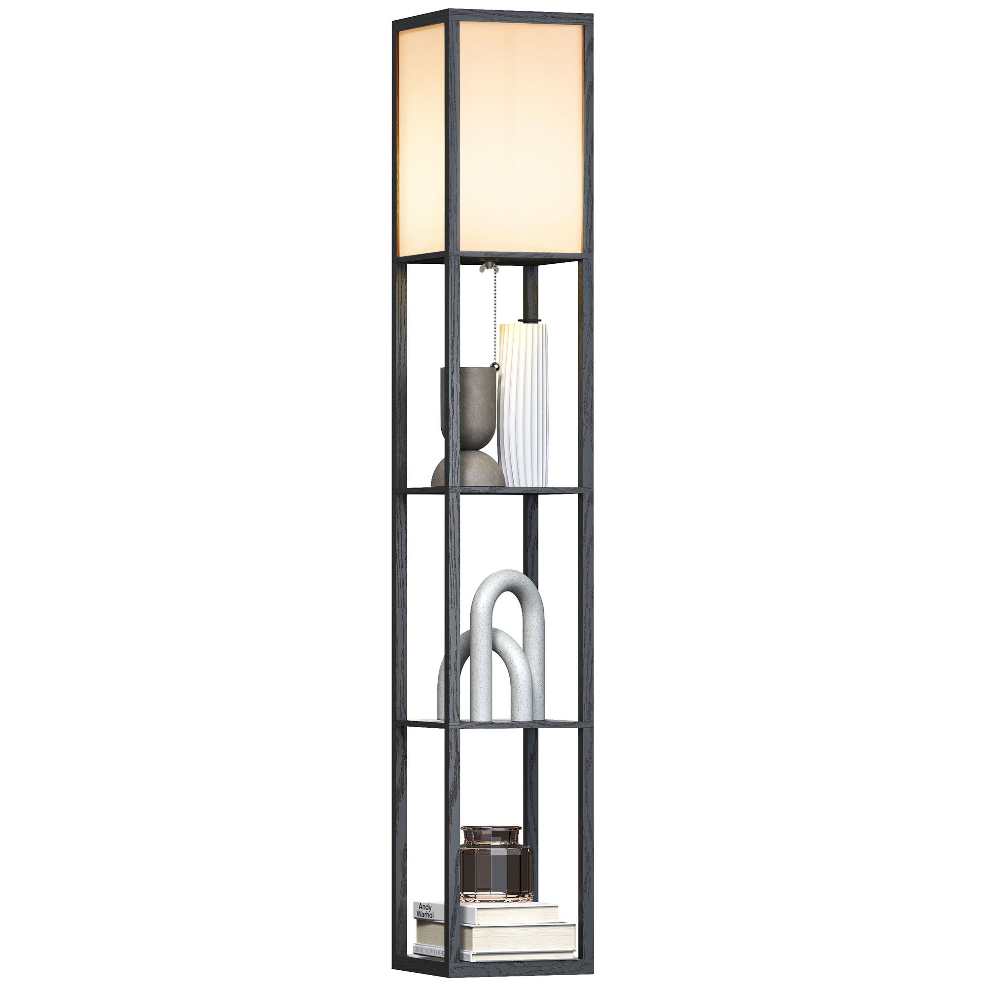 Lampa podłogowa z półkami, wykonana z drewna, 26 x 26 x 160 cm, do salonu/sypialni (żarówka nie jest dołączona)
