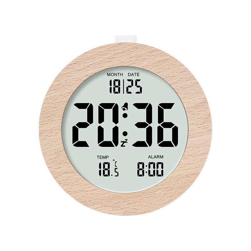 Budzik z litego drewna, elektroniczny LCD, cichy, zasilany bateryjnie, nowoczesny, minimalistyczny, okrągły, 2106