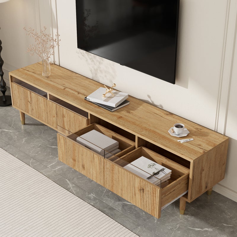 Nowoczesna szafa pod TV 178x35x45 cm - z oświetleniem LED - 4 szuflady - wykończenie drewnopodobne - MDF - naturalny