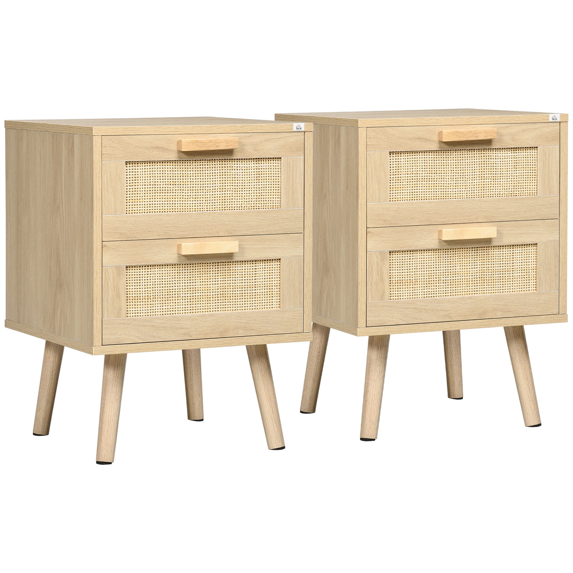 Komplet 2 stolików nocnych w stylu boho z 2 szufladami, 40 x 40 x 56 cm, drewno naturalne