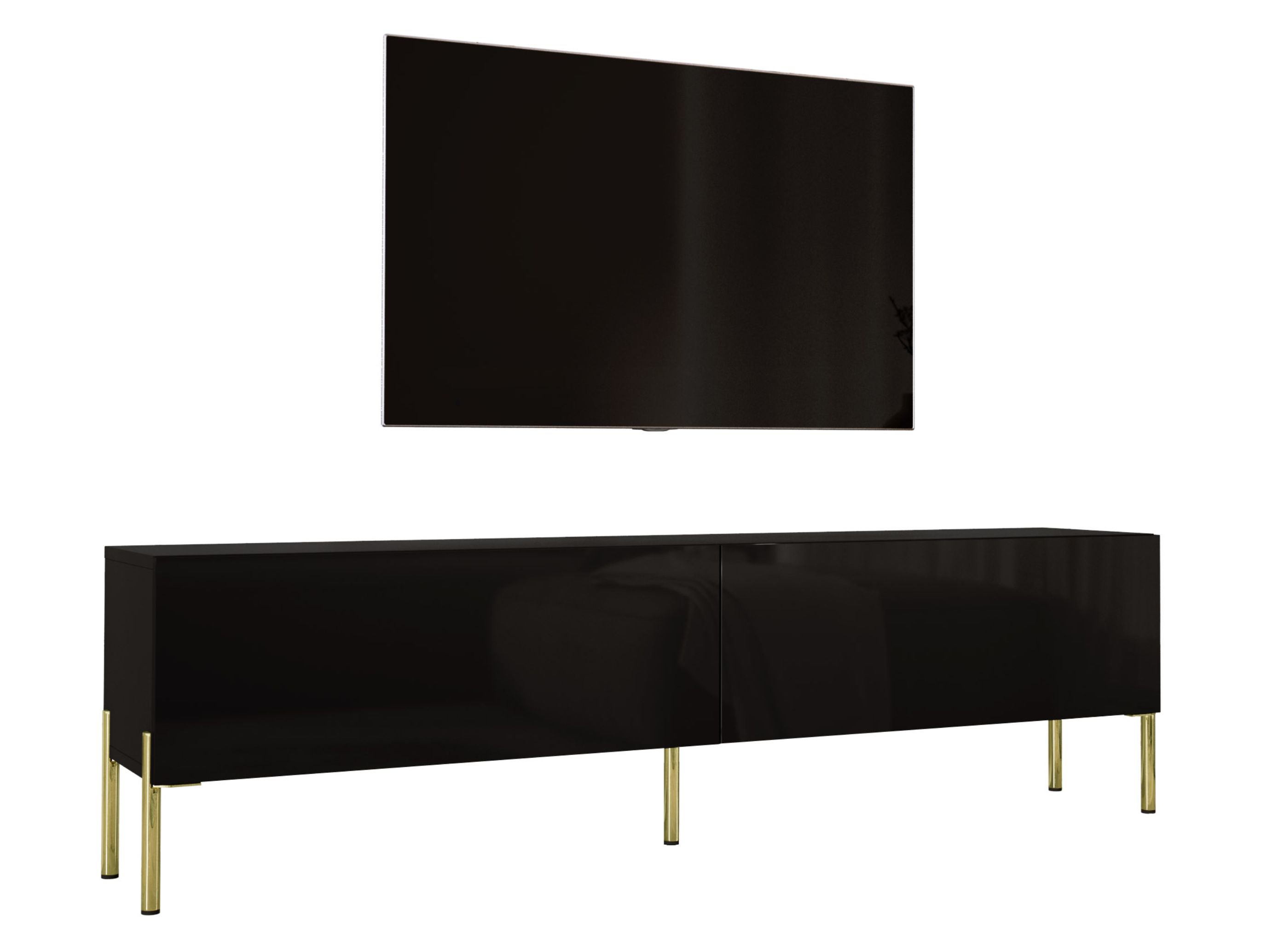 Szafka RTV, czarny matowy / czarny błyszczący, złote nogi, 170 x 52 x 32 cm