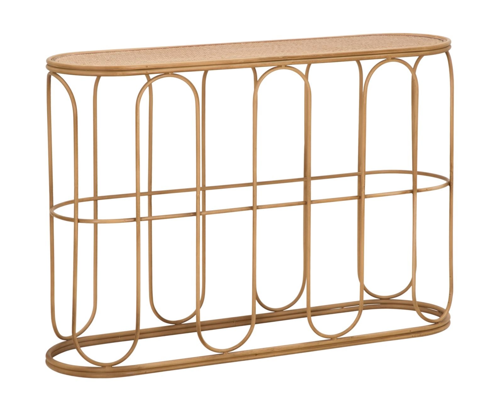 Konsola Samui 110x32x77 cm - Metalowe meble wejściowe z efektem bambusa i blatem z naturalnego rattanu - Otulający styl boho chic