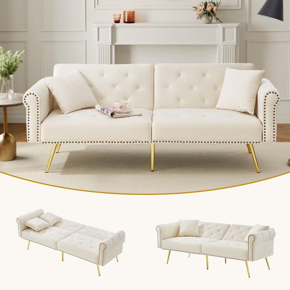 Nowoczesna sofa 2-osobowa z funkcją spania – aksamitna, oparcie regulowane w 3 pozycjach, złote metalowe nogi. Elegancka