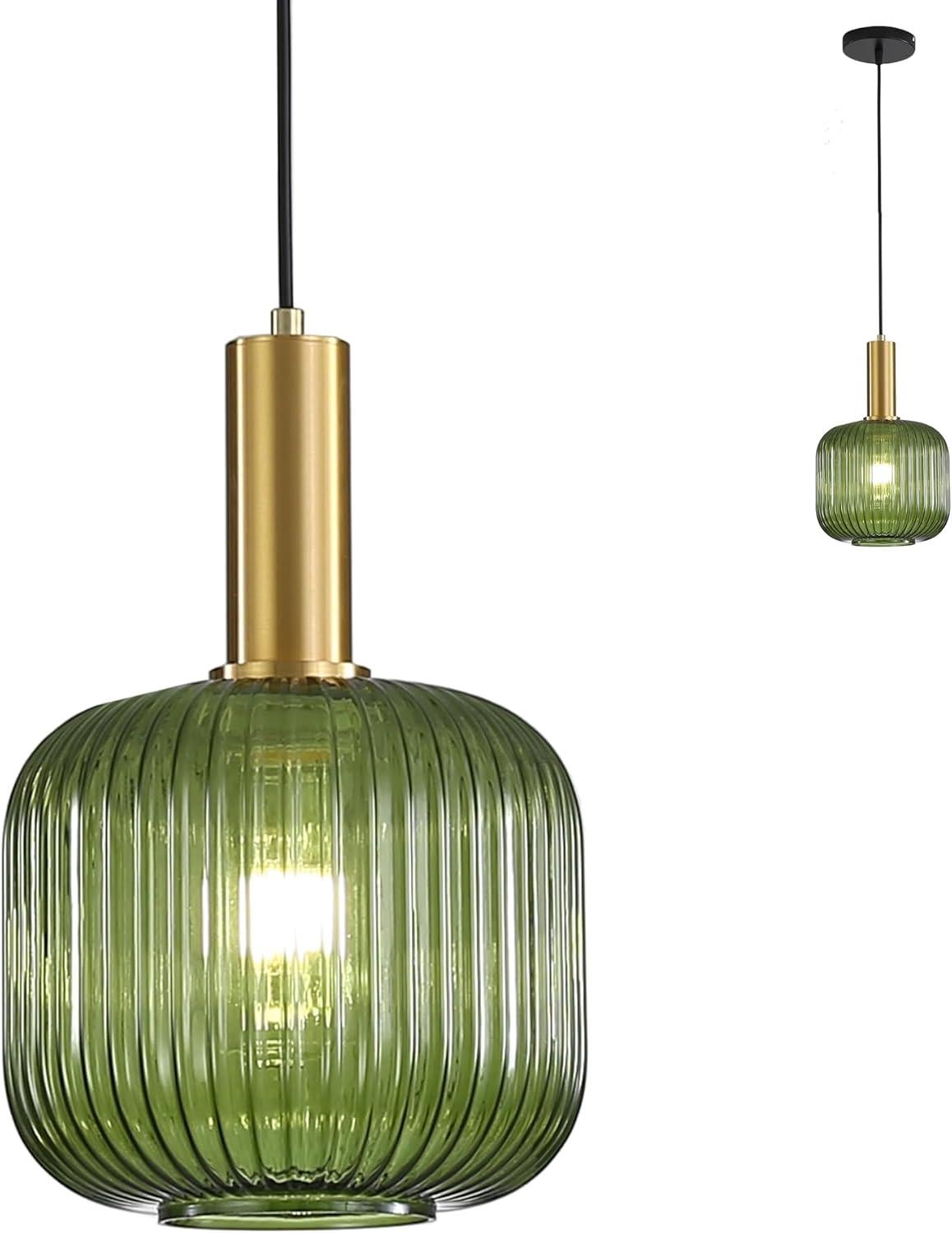 Lampa wisząca ze szkła, wykończenie w kolorze złotego mosiądzu, wiszący żyrandol do wnętrz w stylu vintage, lampa wisząca do jadalni i kuchni (zielona