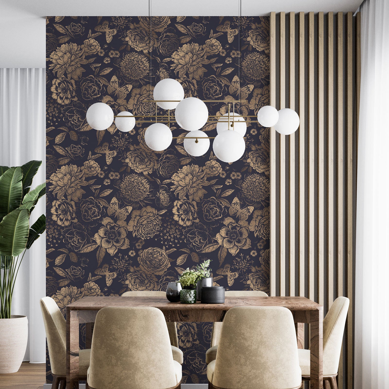 Dekoracyjna tapeta flizelinowa - Kwiaty i motyle - Papier Standard 130 g, 7 brytów 60x260 cm - Powierzchnia: szer. 420 x wys. 260 cm