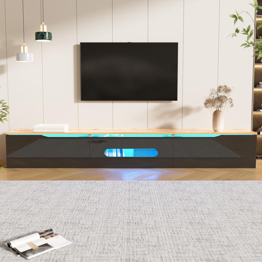 Szafka RTV 180 cm, czarno-biała, połysk + 16-kolorowe oświetlenie LED, drzwi z funkcją cichego zamykania, montaż na ścianie