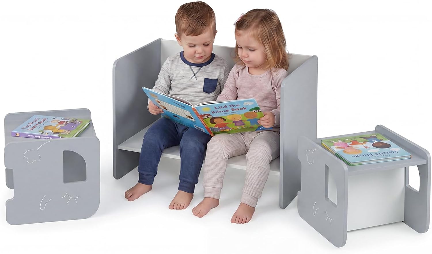 Zestaw stolik i krzesełko dla dzieci z motywem słonia – blat z funkcją biurka, styl Montessori – udźwig 30/50 kg, wiek 3+ (szary)