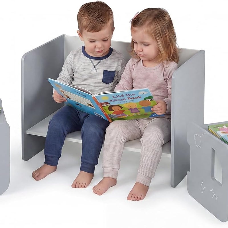Zestaw stolik i krzesełko dla dzieci z motywem słonia – blat z funkcją biurka, styl Montessori – udźwig 30/50 kg, wiek 3+ (szary)