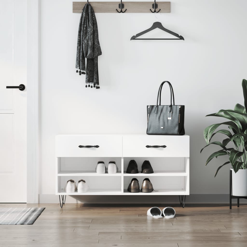 vidaXL Ławka z miejscem na buty, wysoki połysk, biała, 102x35x55 cm