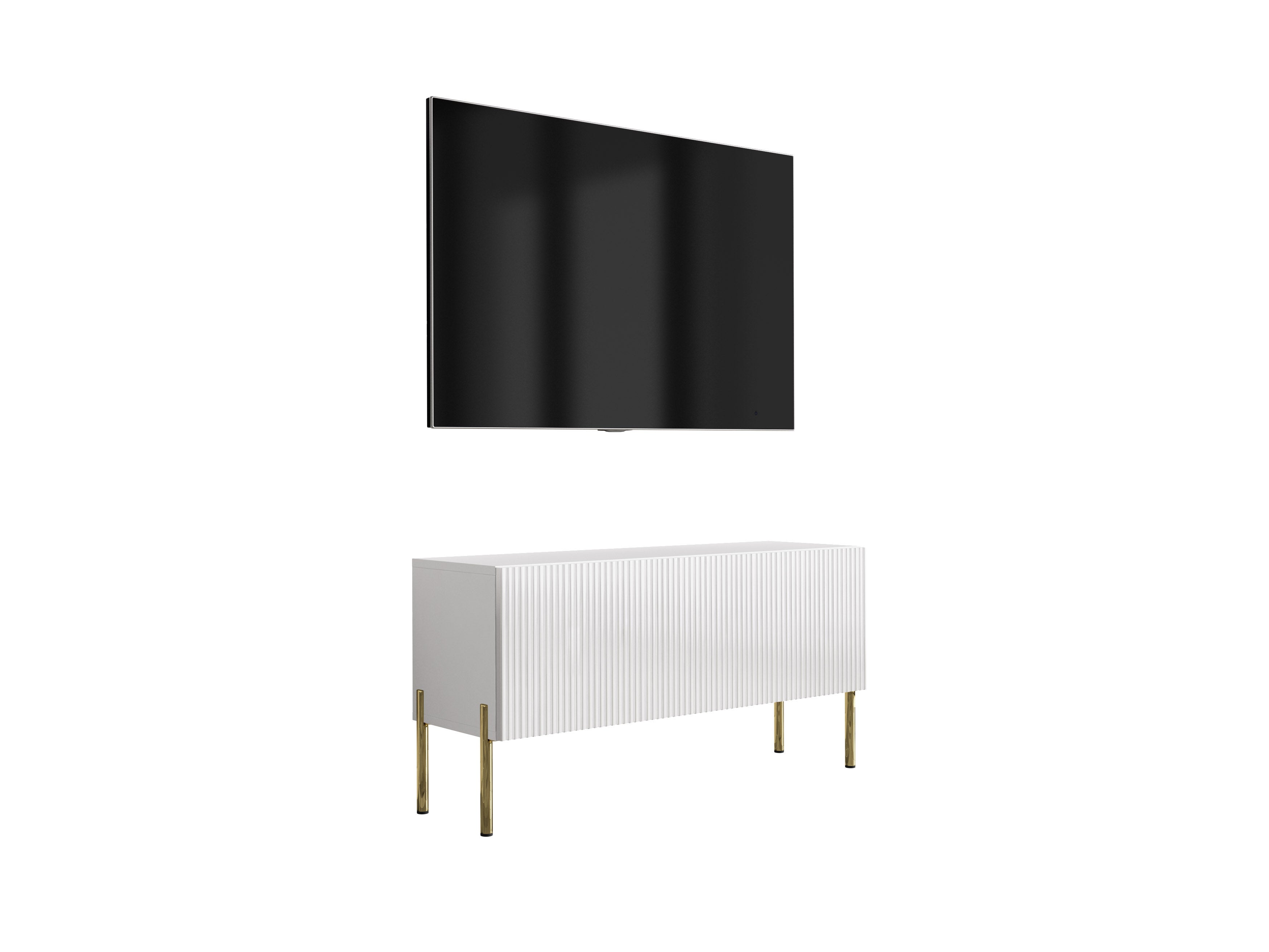 Szafka pod telewizor z ryflowanym frontem 100, Biały Mat, nóżki proste złote, 100 × 32 × 52 cm
