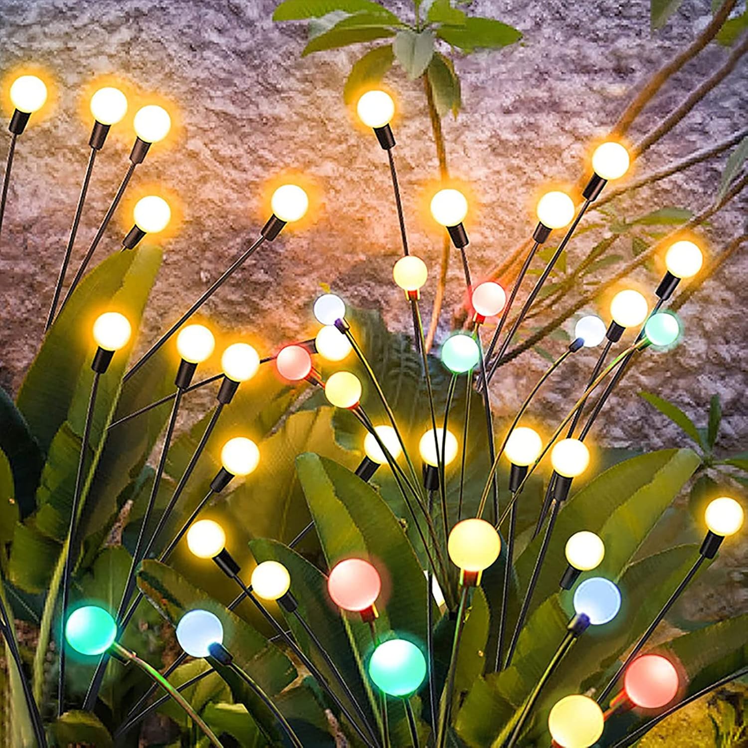 Lampki solarne w kształcie świetlików, zestaw 2 sztuk, 8 diod LED, oświetlenie zewnętrzne LED (jeden zestaw z kolorowym światłem, drugi zestaw