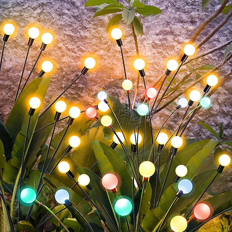 Lampki solarne w kształcie świetlików, zestaw 2 sztuk, 8 diod LED, oświetlenie zewnętrzne LED (jeden zestaw z kolorowym światłem, drugi zestaw