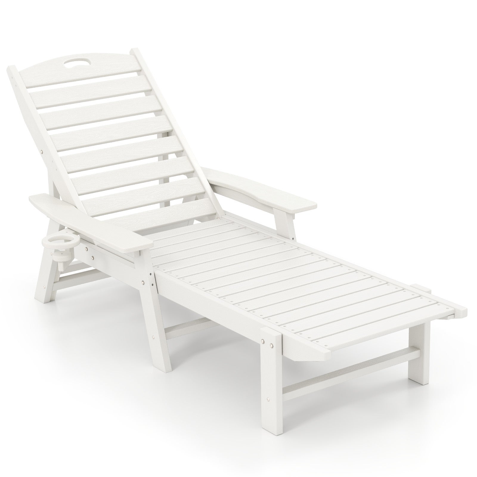 Leżak ogrodowy z HDPE z 4-stopniową regulacją oparcia i obrotowym uchwytem na kubek, 196-169 x 75 x 31,5-65 cm, do ogrodu, basenu