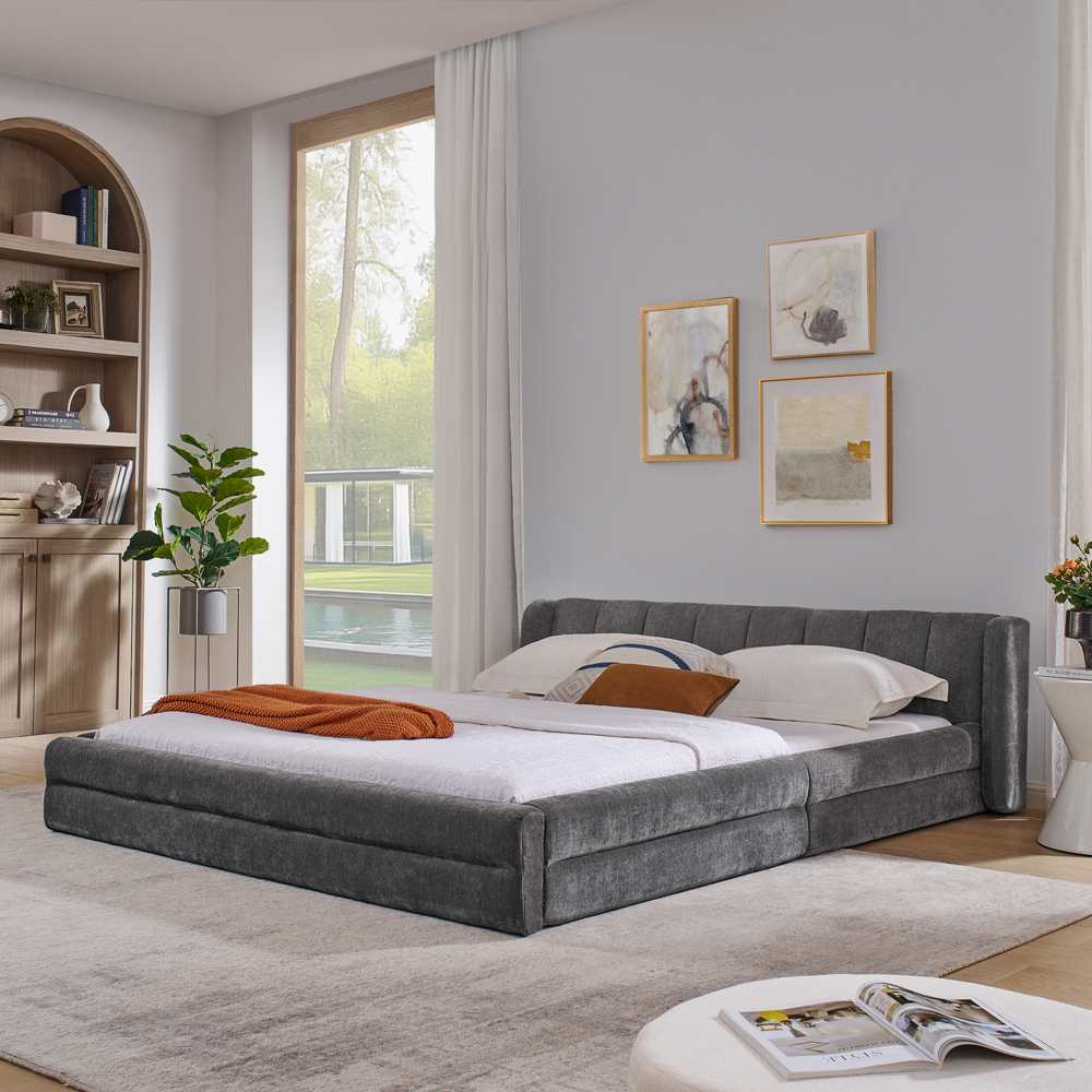 Doppelbett 160×200cm mit Chenille-Bezug, wygodny Rückenlehne, solidny Eukalyptus- und Eisengestell, łatwy montaż, geräuscharm,