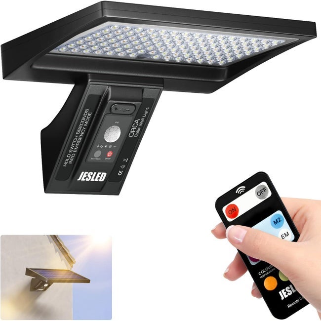 Lampa bezpieczeństwa zasilana energią słoneczną, 104 diody LED, czujnik ruchu, pilot zdalnego sterowania, wodoodporność IP65, 3 temperatury barwowe,