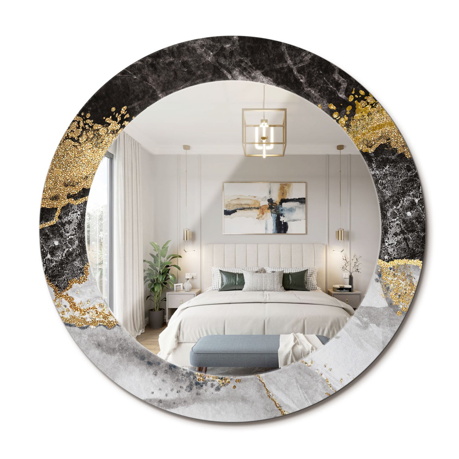 Nowoczesne lustro okrągłe z ozdobną szklaną ramą i motywem graficznym Marmur loft - 60 cm - ArtPrintCave