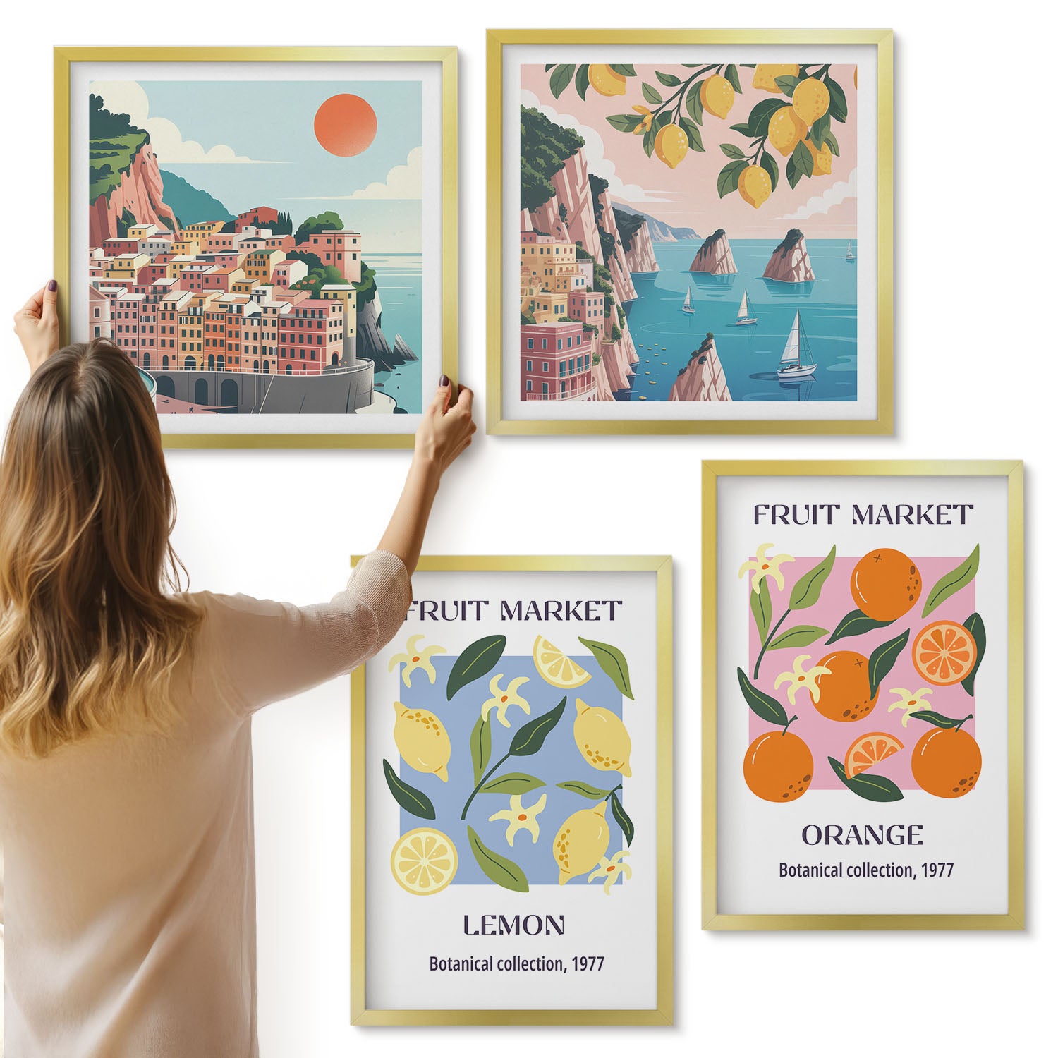 Galeria ścienna 4-częściowy komplet obrazów w złotych ramach - Owocowe postery z cytrynami pomarańczami włoskie widoki - ArtPrintCave