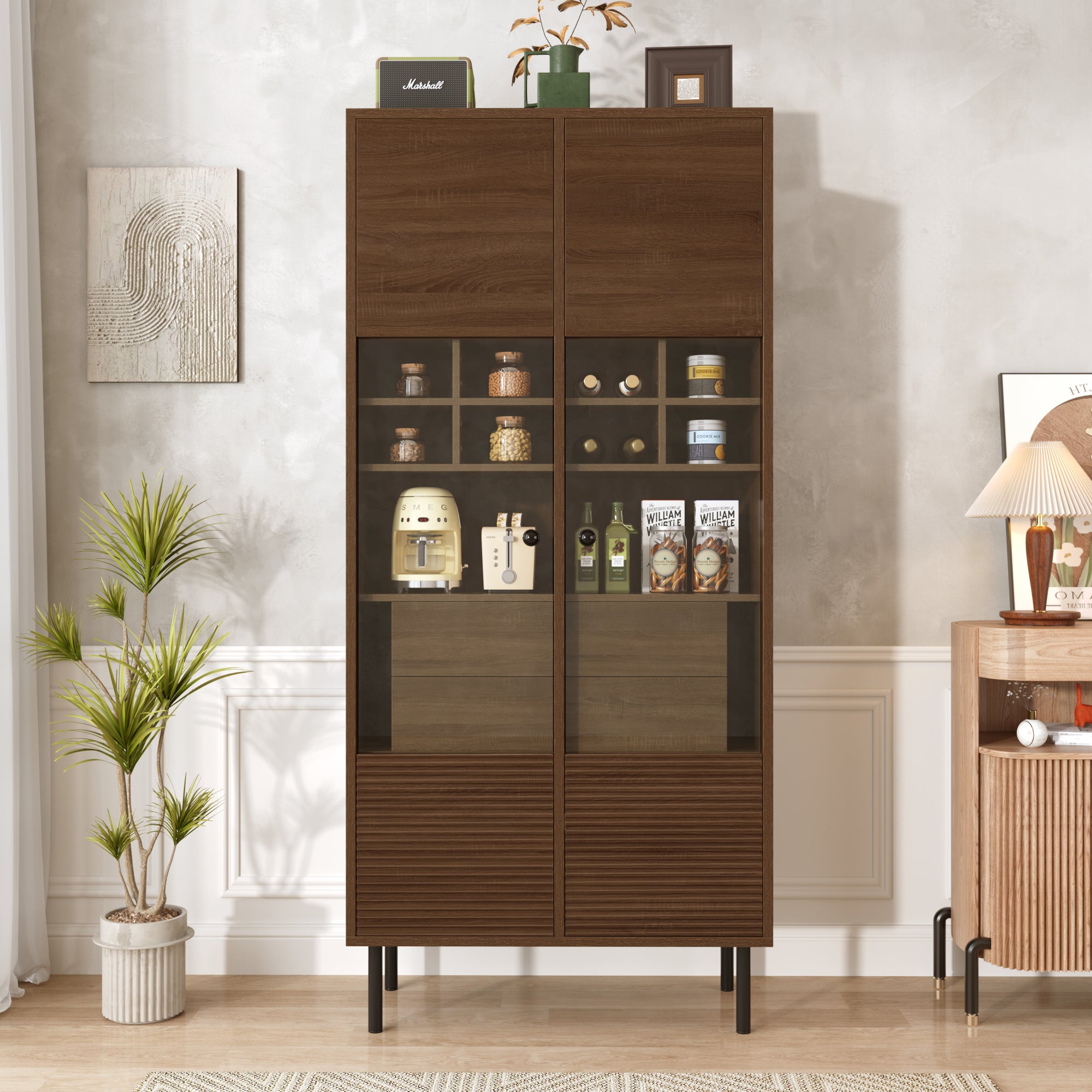 Witryna z 2 drzwiami szklanymi i 4 ukrytymi szufladami, kredens - 75,5 x 35 x 164,5 cm - MDF - do łazienki/salonu/biura - brązowy