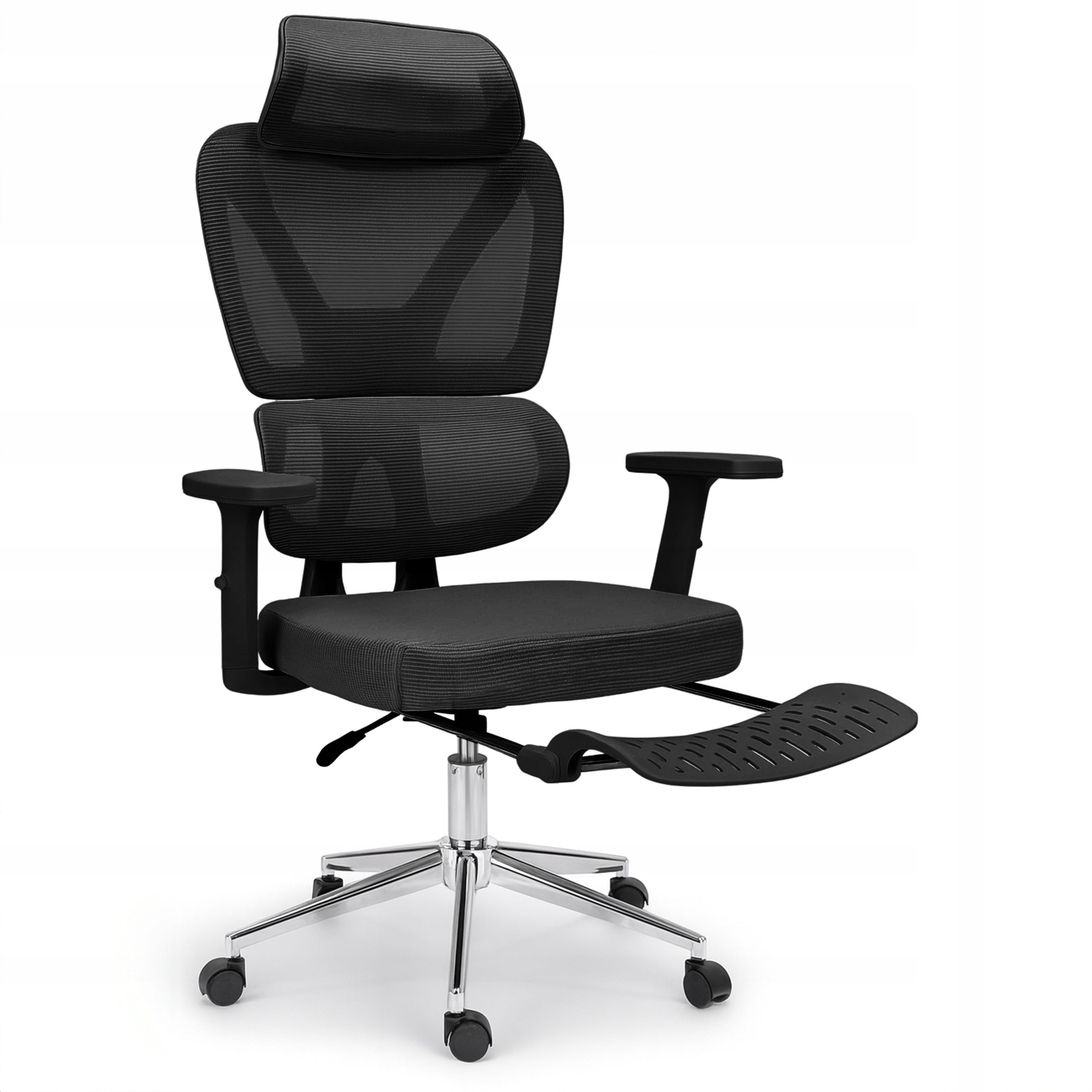 Fotel biurowy ergonomiczny krzesło zagłówek regulacja podnóżek KB107 czarny
