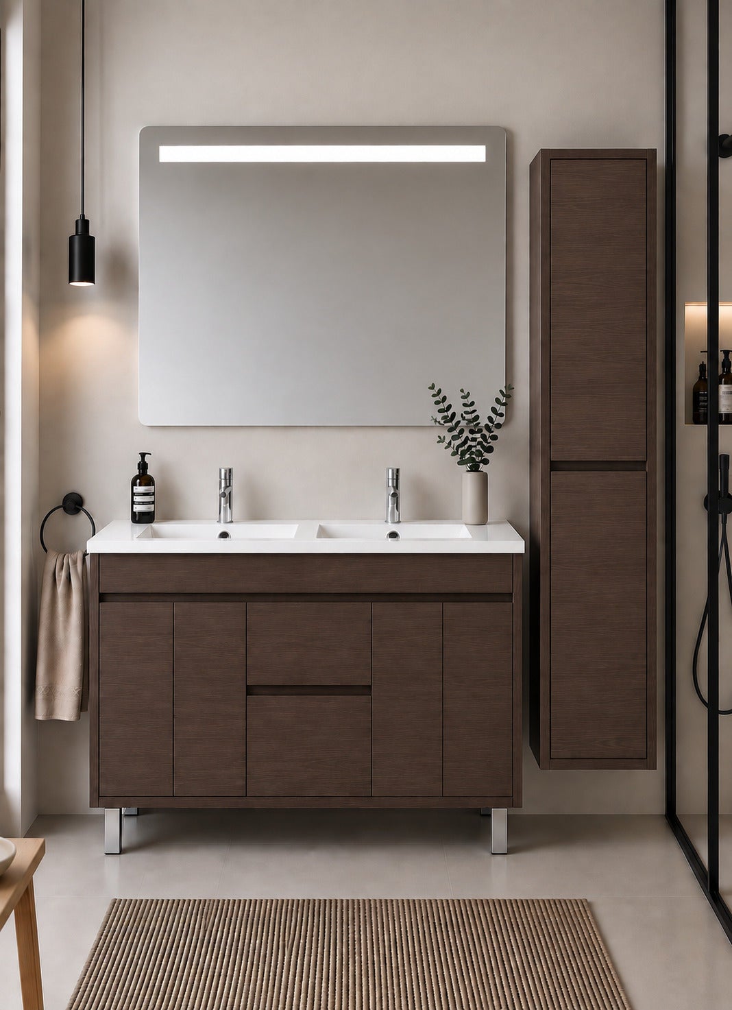 Szafka łazienkowa z umywalką ORIGENBATH ISQUIA bez lustra 120x45 cm podwójna umywalka jesion tea z kolumną