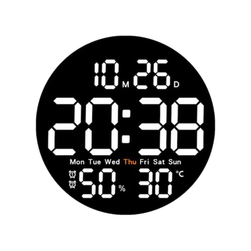25 cm okrągły cyfrowy zegar ścienny LED – zegar cyfrowy z pilotem, temperaturą, wilgotnością, datą, alarmami, 12/24 godz. – regulowana jasność