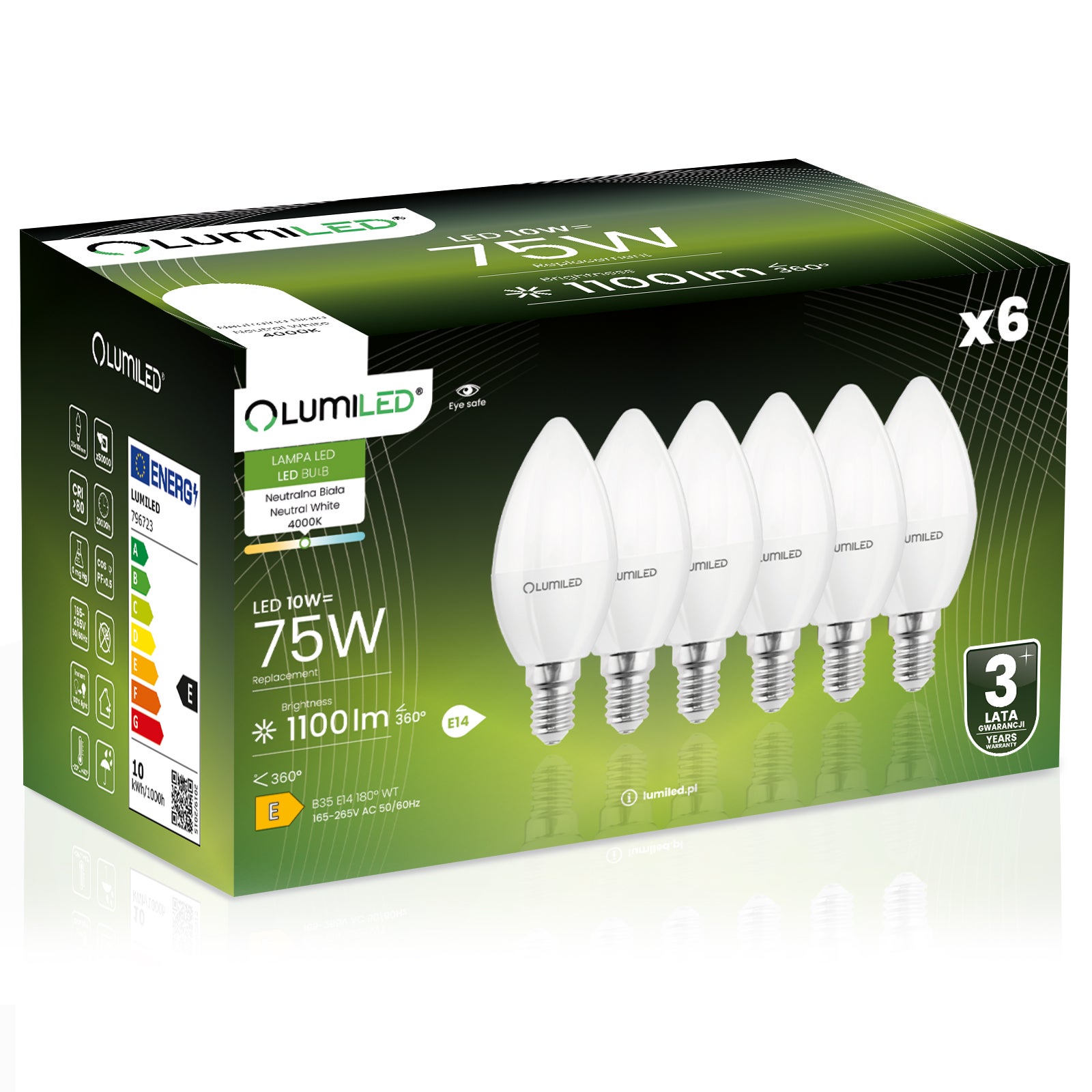 Żarówka LED Lumiled E14 Świeczka B35 10W 1100lm 4000K Neutralna biel 180st 6 szt.