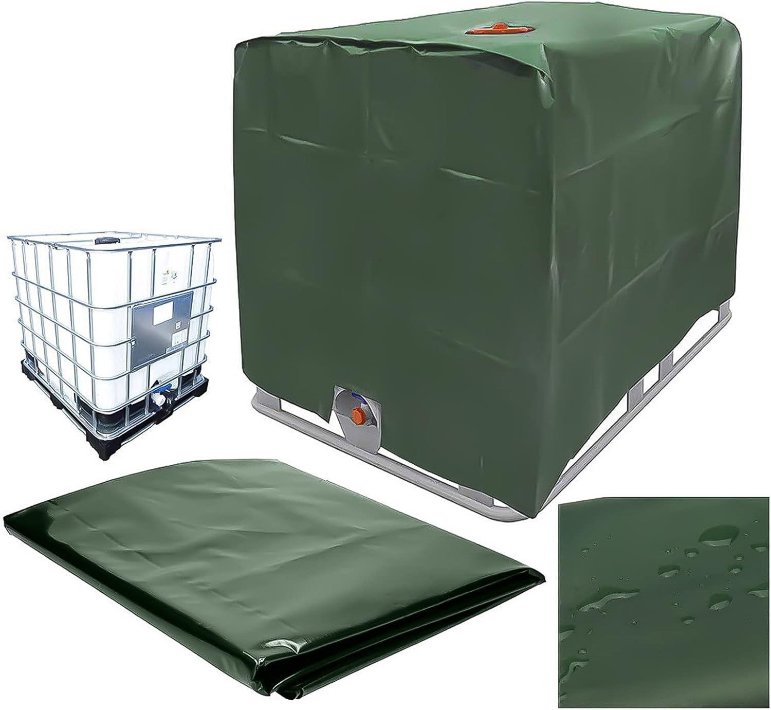 Plandeka na zbiornik na wodę, Pokrywa na zbiornik IBC na zbiornik 1000L, Odporna na kurz, promieniowanie UV i deszcz, 120x100x116cm (zielona)