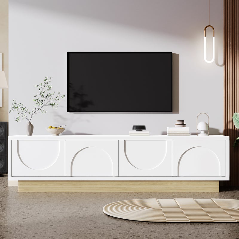 Nowoczesny stolik RTV 175x40x42 cm - zakrzywiony design - 4 drzwi - podstawa w wyglądzie drewna - biały