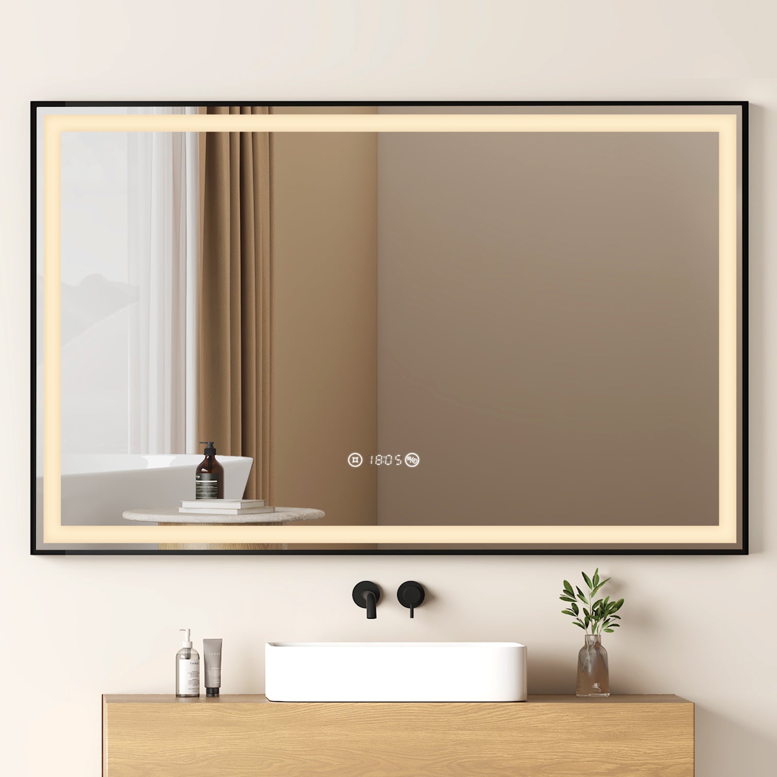 EMKE Lustro łazienkowe z oświetleniem LED 120x70 cm, z 4300K, możliwość ściemniania, przeciwmgielne, zegar, funkcja pamięci, Czarna ramka