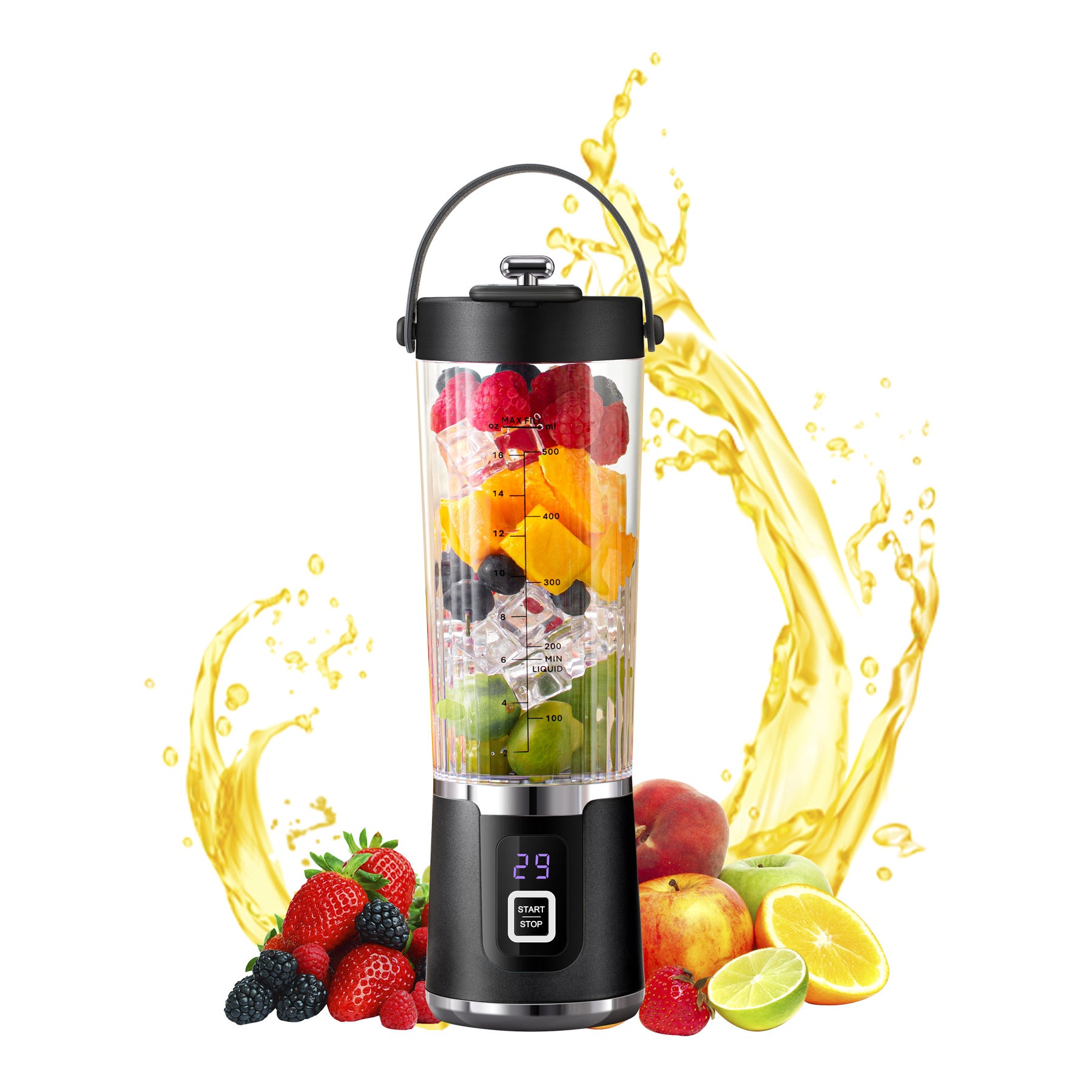Blender przenośny USB 500 ml – 10 ostrzy – komputer klasy spożywczej – kruszenie lodu – przyrządzanie soków – akumulatorowy – wyświetlacz – czarny