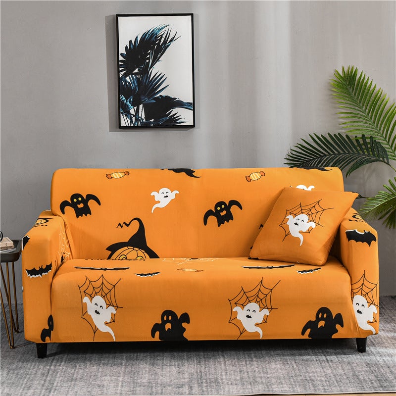 Pokrowiec na sofę z nadrukiem, jeden komplet pasuje na sofę dwuosobową (235-300 cm, zawiera poduszkę) - motyw Halloween, żółty.